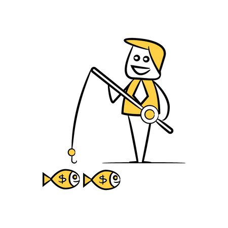 businessman fishing money fish yellow doodle themeのイラスト素材