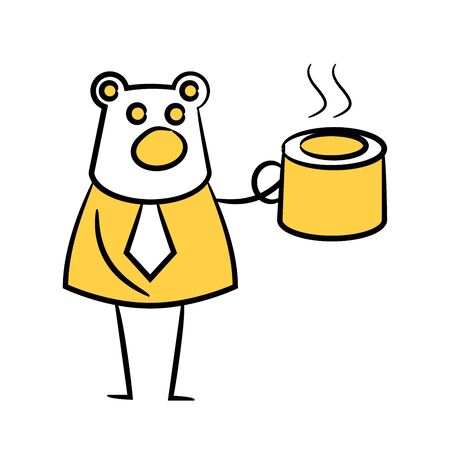 bear businessman holding coffee cup yellow stick figure character themeのイラスト素材
