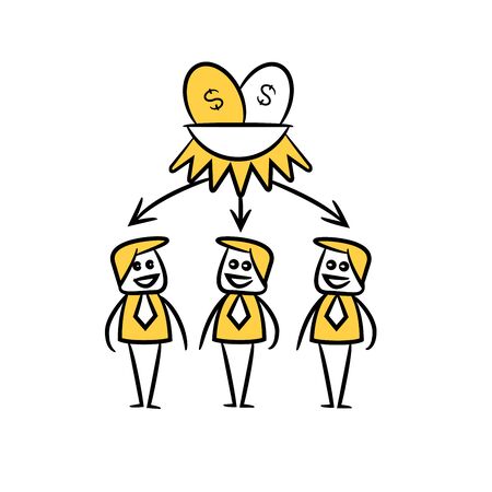 business people team and dollar egg nest in yellow doodle stick figureのイラスト素材