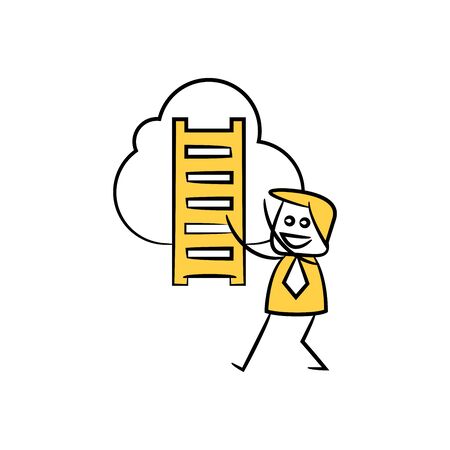 businessman and cloud stair yellow stick figure themeのイラスト素材