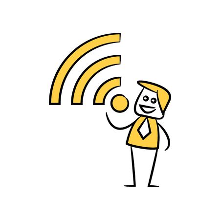 businessman and wifi yellow stick figure themeのイラスト素材