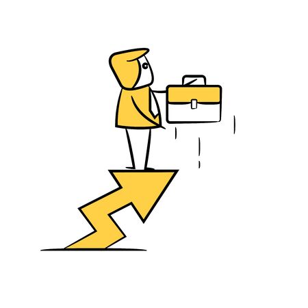 businessman standing on arrow chart and briefcase yellow stick figure themeのイラスト素材