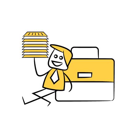 businessman holding stack of papers,sitting next to briefcase yellow stick figure themeのイラスト素材