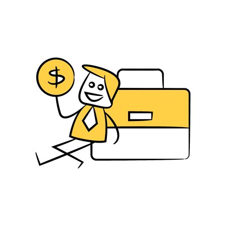 businessman holding money coin,sitting next to briefcase yellow stick figure themeのイラスト素材