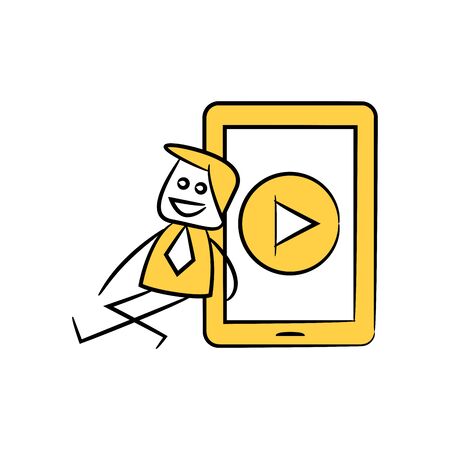 businessman sitting next to mobile phone yellow stick figure themeのイラスト素材