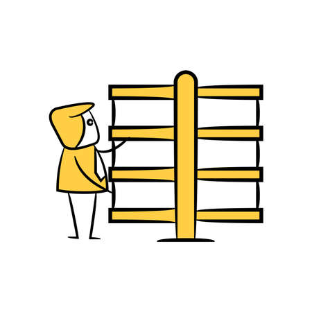 businessman and blank board, signage or signpost yellow stick figure themeのイラスト素材