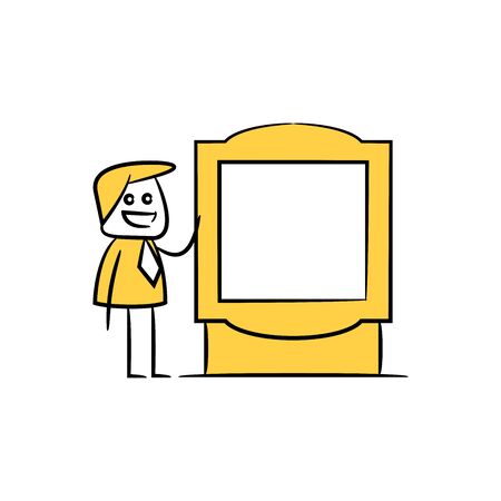 yellow stick figure businessman and guidepost, signage or signpostのイラスト素材