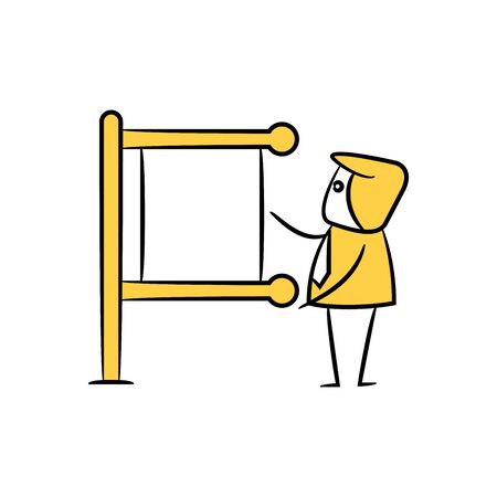 yellow stick figure businessman and guidepost, signage or signpostのイラスト素材