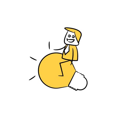 businessman sitting on light bulb idea yellow stick figureのイラスト素材