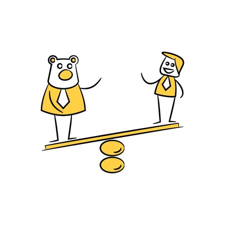 businessman and bear on balance scale yellow doodle stick figureのイラスト素材