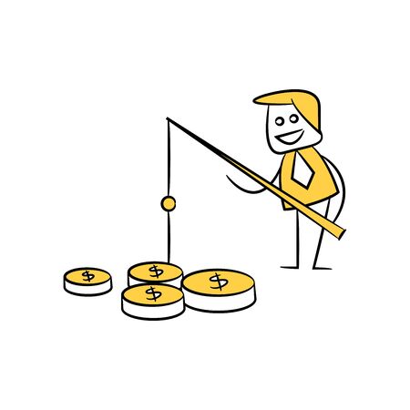 doodle businessman fishing money coins, stick figureのイラスト素材