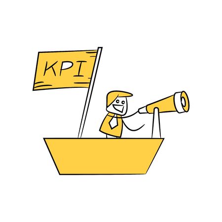 businessman using binoculars on ship with KPI flag yellow stick figureのイラスト素材