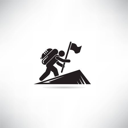 mountaineer climbing and holding flag to top of mountainのイラスト素材