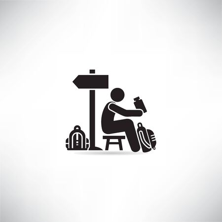 backpacker or traveler sitting and drinking near by road signage vectorのイラスト素材