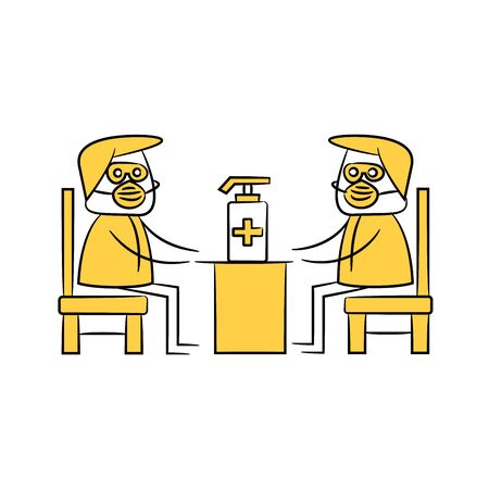doctor, patient talking and cleaning gel bottle for covid 19 protection concept yellow stick figureのイラスト素材