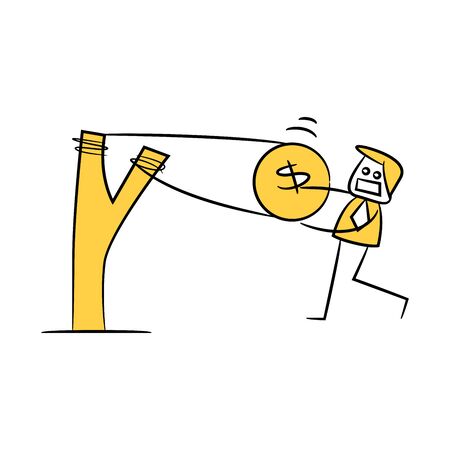 businessman using slingshot and dollar coin yellow stick figure designのイラスト素材