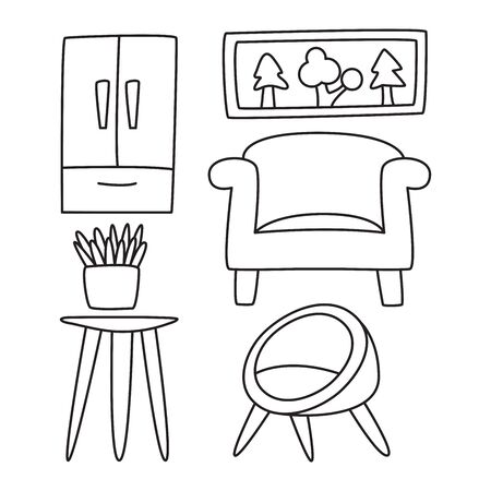 furniture set, interior decoration hand drawn line design themeのイラスト素材