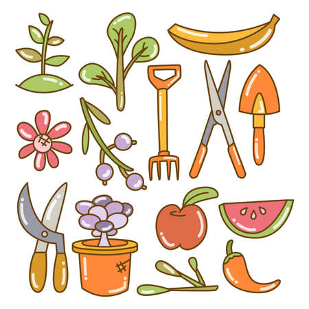 fruit, vegetable and farm equipment vector elements color doodle line themeのイラスト素材