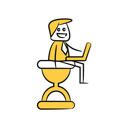 businessman sitting on hourglass and working on laptop yellow stick figure designのイラスト素材