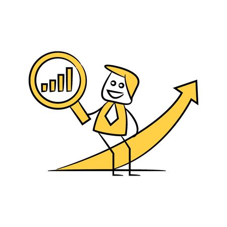 businessman sitting on graph and using magnifier glass scanning data yellow stick figure themeのイラスト素材