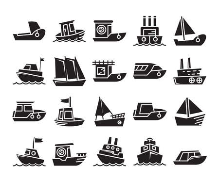 various types of ship; cruise, speedboat, cargo ship, barge, tugboat, galleon, ferry and yachtのイラスト素材