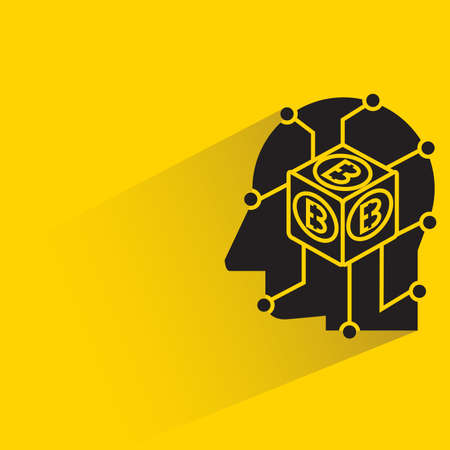 human head with bitcoin cube on yellow background vectorのイラスト素材