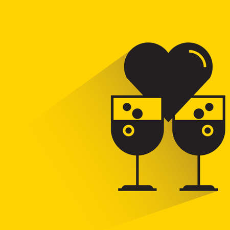 cocktail, wine glasses and heart with drop shadow on yellow backgroundのイラスト素材