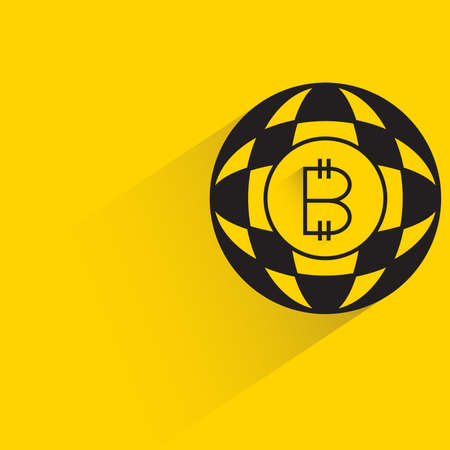 bitcoin symbol in globe with shadow on yellow backgroundのイラスト素材