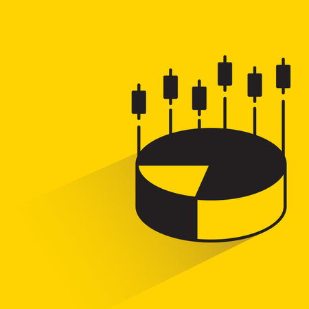 pie chart and candlestick chart with shadow on yellow backgroundのイラスト素材