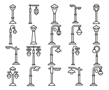 street light and lamp icons line illustrationのイラスト素材