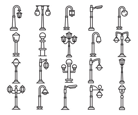 street light and lamp icons line illustrationのイラスト素材