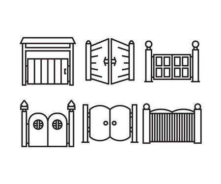 house gate and fence icons line illustrationのイラスト素材