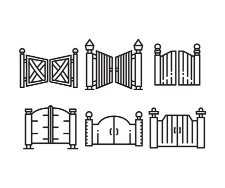 house gate and fence icons line illustrationのイラスト素材