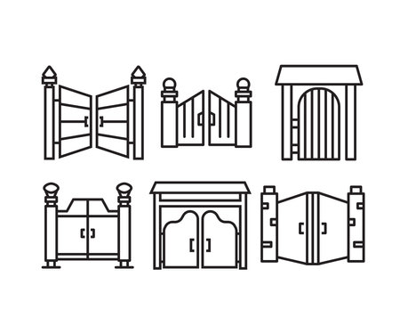 house gate and fence icons line illustrationのイラスト素材