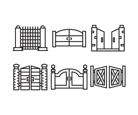 house gate and fence icons line illustrationのイラスト素材