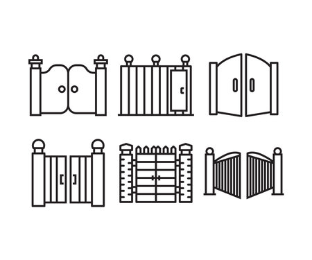 house gate and fence icons line illustrationのイラスト素材
