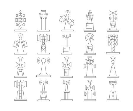 radio mask and communication tower icons set vector line illustrationのイラスト素材