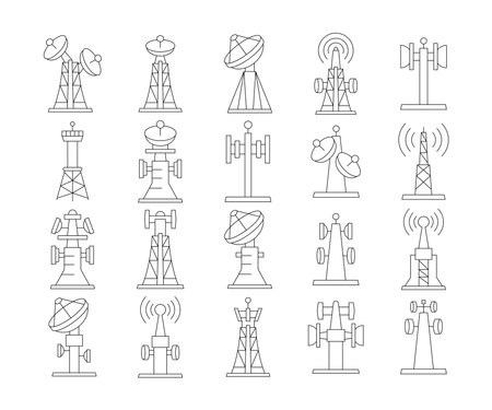 radio mask and communication tower icons set vector line illustrationのイラスト素材
