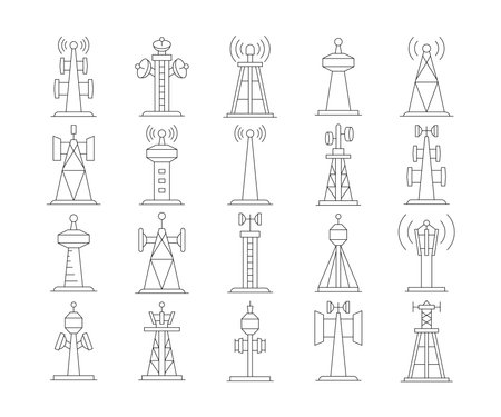 radio mask and communication tower icons set vector line illustrationのイラスト素材
