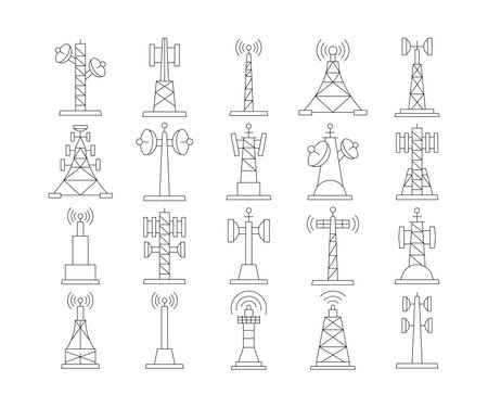 radio mask and communication tower icons set vector line illustrationのイラスト素材
