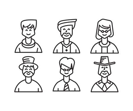 cute people characters and avatars set line illustrationのイラスト素材