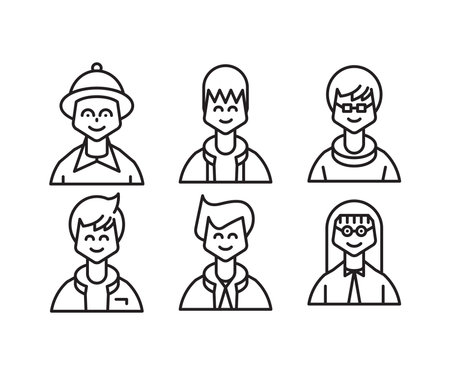 cute people characters and avatars set line illustrationのイラスト素材