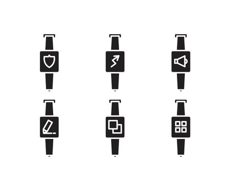 Smart watch black glyph icons set. Silhouette symbols on white space. Vector illustrationのイラスト素材