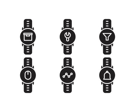 Smart watch black glyph icons set on white space. Wristwatch vector illustrationのイラスト素材