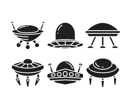 UFO black simple icons set on white space background. Vector illustrationのイラスト素材