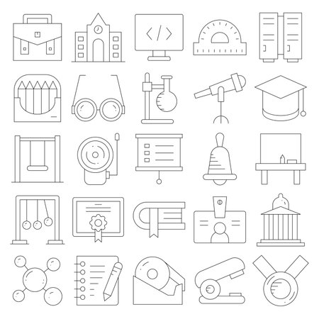 School thin line icons set. Outline illustration of 25 school thin outline icons for webのイラスト素材