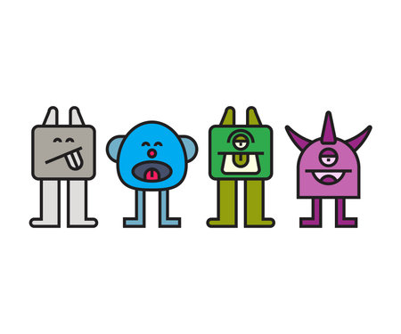 Funny monsters with different expressions. Vector illustration in flat style.のイラスト素材