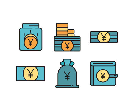 yuan money wallet, money sack and jar icons setのイラスト素材