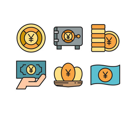 yuan money safe, coin and banknote icons setのイラスト素材