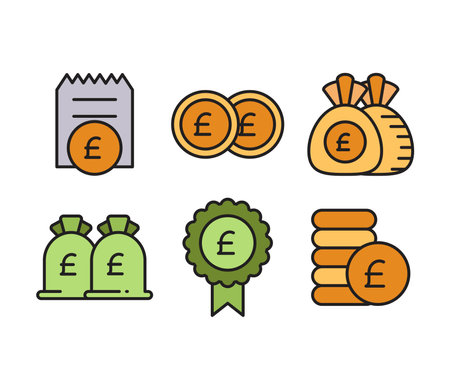 pound money sacks, bill and coins icons set vector illustrationのイラスト素材